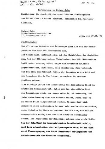 Folgenschwere Stellungnahme: Am 29. November 1976 erklärt Roland Jahn, Student der Wirtschaftswissenschaften, dass er die Ausbürgerung von Wolf Biermann nicht gutheißt. Im Februar 1977 wird er von der Universität exmatrikuliert.