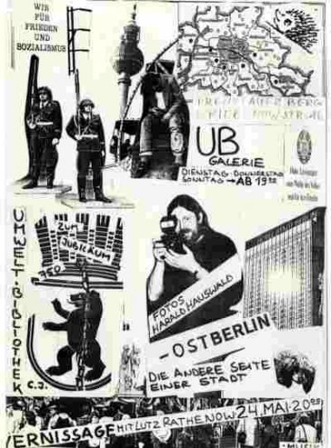 Veranstaltungsplakat „Ost-Berlin – die andere Seite einer Stadt“: Ankündigung einer Vernissage mit Lutz Rathenow und Fotos von Harald Hauswald am 24. Mai 1987 in der Galerie der Umwelt-Bibliothek Berlin.