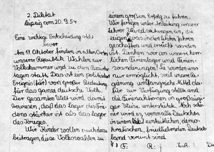 Die Propaganda macht auch vor Kindern nicht halt: Diktat im sechsten Schuljahr über die Volkskammerwahl vom 17. Oktober 1954.