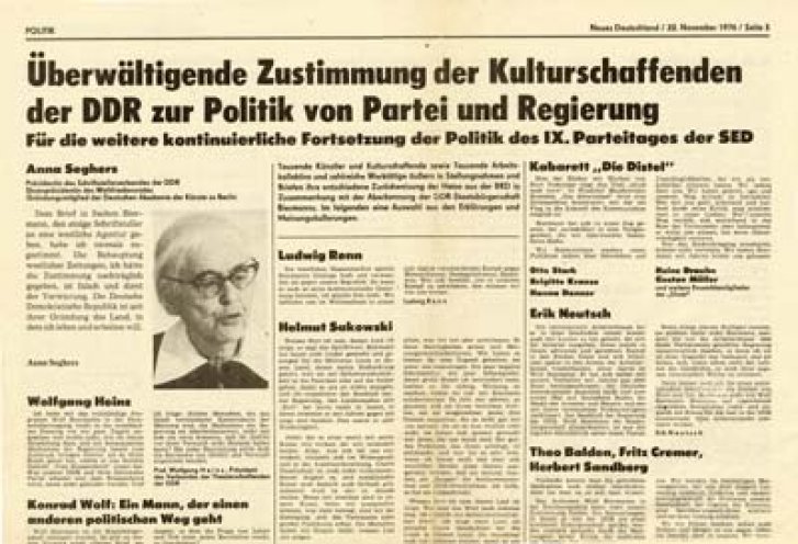 Kulturschaffende bekennen Farbe: Die Zustimmung linientreuer DDR-Künstler zur Ausbürgerung Wolf Biermanns wird im Neuen Deutschland abgedruckt.